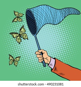 Businessman catching money with a butterfly net, pop art retro vector illustration. Business and Finance, the concept of hunting for revenues and profits