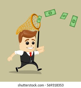 Businessman catching money with a butterfly net. Vector illustration. Dollars and Finance