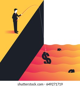 Businessman catching money by a fishing rod. Making money, innovation, success, concept of business. Vector illustration in trendy style