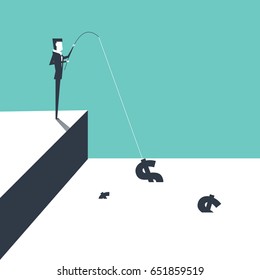 Businessman catching money by a fishing rod. vector