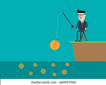 Businessman catching money coins dollar with fishing rod, Business Concept, Flat style vector illustration EPS 10.