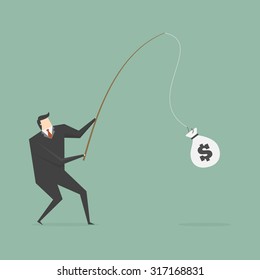Businessman Catching Money With Fishing Rod. Business concept cartoon illustration.