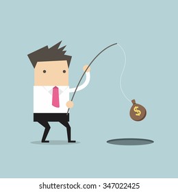 Businessman Catching Money With Fishing Rod