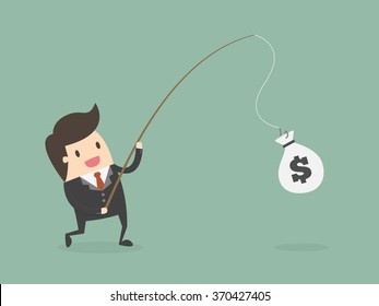 Businessman Catching Money With Fishing Rod. Business Concept Cartoon Illustration.