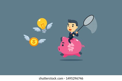a businessman is catching money and idea while riding the pig