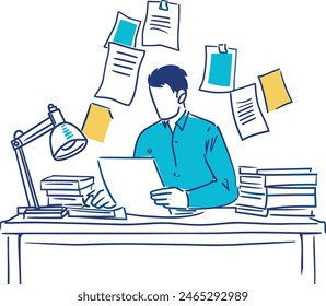 A businessman catching up on paperwork at his desk, office work, business documentation, professional paperwork, one continues line art vector illustration