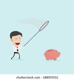 Businessman catching piggybank