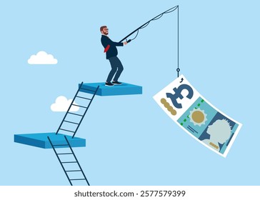 Businessman catching pound sterling bill on fishing rod. Pound sterling price soaring sky high hit new high record concept. British money. Currency. Flat vector illustration