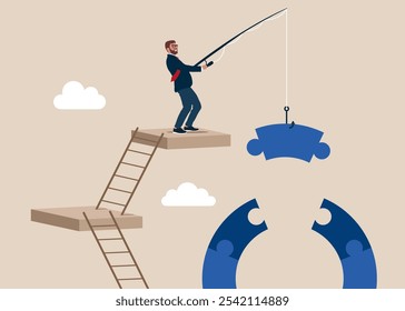 Businessman catching puzzle on fishing rod. Man connecting jigsaw puzzle bridge. Business deals to achieve business goal. Flat vector illustration