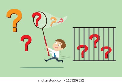 Businessman catching question mark in cage, illustration vector cartoon