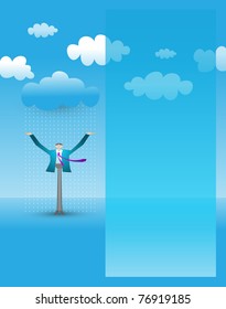 Businessman caught under rain cloud with arms extended. Communication template with plenty of space for text.