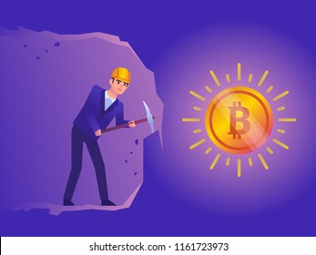 Businessman in cave mining bitcoins. Crypto currency concept. Colorful design vector illustration