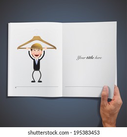 businessman with CD hanger on book over blue background