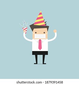 Businessman celebrate at a party by wearing a surgical mask.