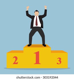 Businessman celebrates on Winning Podium. Vector illustration