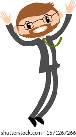 businessman celebrating achieving target jumping in suit with hipster beard and glasses. clear backed vector illustration graphic.