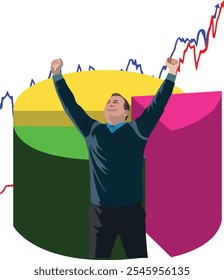 Businessman celebrating with arms raised against background of growing charts and pie graph, representing successful investments and financial growth