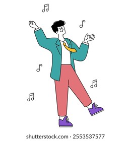 Businessman celebrating concept. A cheerful executive in casual attire enjoying music and dancing joyfully. Corporate festivity and success. Vector illustration.