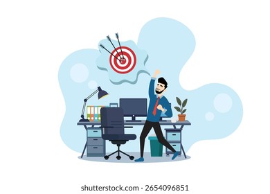 Empresário comemorando a realização do objetivo com alvo de dartboard. Sucesso nos negócios, foco e ilustração de objetivos.