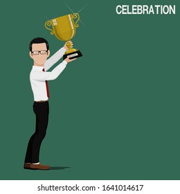 A businessman is celebrating his  trophy
