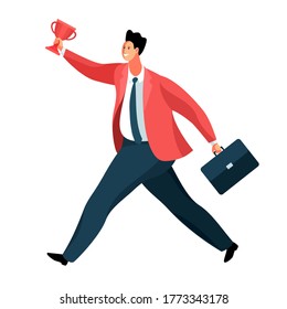 Businessman celebrating his victory. Cartoon male character in full height, with a winner's cup. Vector illustration