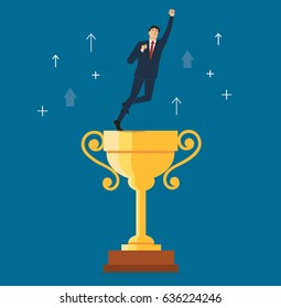 a businessman celebrating on the trophy vector illustration