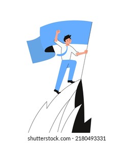 Businessman celebrating seting the flag on the top of mountain. Concept of leadership, growth and the path to success. Flat Art Vector illustration