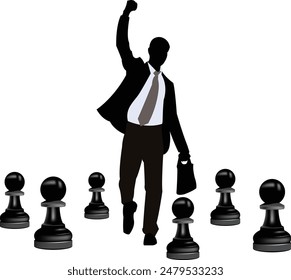 Businessman celebrating success walking through chess pawns