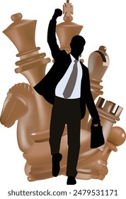 Businessman celebrating victory with chess pieces background