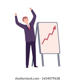 Businessman Celebrating Victory, Manager Character Dressed in Business Suit Standing with His Hands Up Flat Vector Illustration