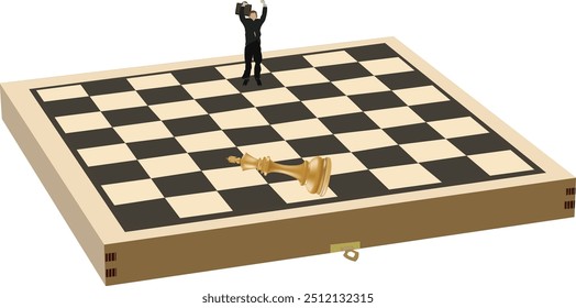 Businessman celebrating victory on chessboard with fallen king
