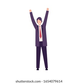 Businessman Celebrating Victory, Successful Manager Character Dressed in Business Suit Standing with His Hands Up Flat Vector Illustration