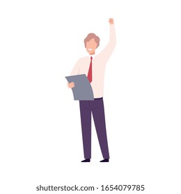 Businessman Celebrating Victory, Successful Manager Character Dressed in Business Clothes Standing with His Hand Up Flat Vector Illustration