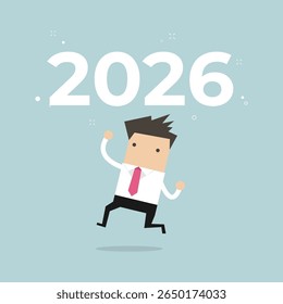 Businessman celebration of the New Year 2026 in an office cartoon illustration.