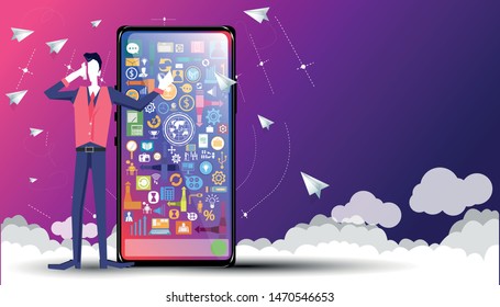 Businessman  with Cellphone , screen vivid and icon business,cloud, paper  rocket fold- Idea  concept creativity  innovation technology modern.