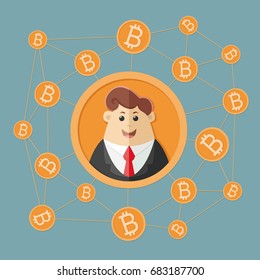 Businessman in the center who uses the bitcoin crypto currency. Block chain  sticker for web or print. Vector illustration, icon, background