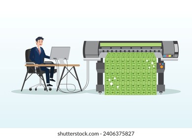 Businessman central bank man printing money banknotes with computer, printing money, quantitative easing policy by countries central bank or FED, federal reserve to stimulate economics (Vector)