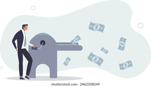 businessman central bank man rolling money printer to print money banknotes .flat vector illustration.