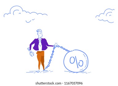 businessman chain bound leg percent credit debt finance crisis concept business man holding stone ball horizontal sketch doodle vector illustration