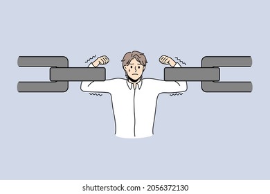 Businessman in chain solving supply industrial problem. Vector concept illustration of manager role and support in management suppling process. 