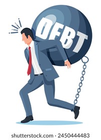 Businessman chained to big heavy debt weight with shackles. Character tied by chain to large dumbbell. Business man corporate slavery. Tax, debt, fee, crisis and bankruptcy. Flat vector illustration