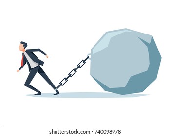 A businessman chained with a big stone boulder