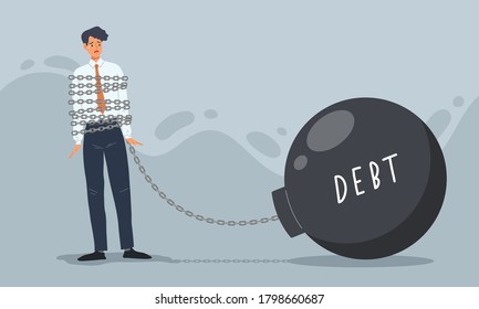 Businessman chained by a huge weight debt. Concept of office man's financial crisis, obligation, responsibility, burden, money management, exhausted worker, servitude. Flat vector illustration.