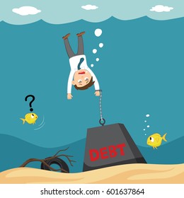 Businessman chained drowning with heavy debt, vector illustration cartoon