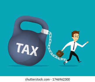 Businessman chained to a gear with the inscription tax. Vector illustration