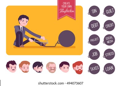 Businessman chained with a giant metall weight trying to escape, sawing. Build your own illustration. Cartoon vector flat-style infographic illustration