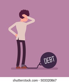 Businessman chained with a giant metall weight, written Debt on a ball, thinking the problem over, scratching his head. Rear view. Cartoon vector flat-style concept illustration