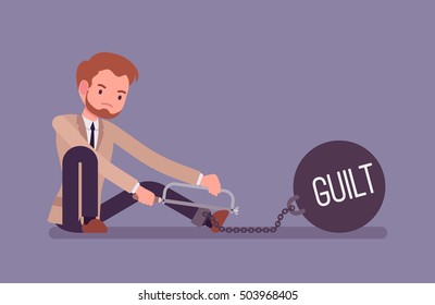 Businessman chained with a giant metall weight with a title Guilt trying to escape, sawing. Cartoon vector flat-style concept illustration