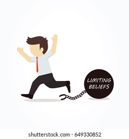 Businessman chained to his limiting beliefs. Vector illustration.