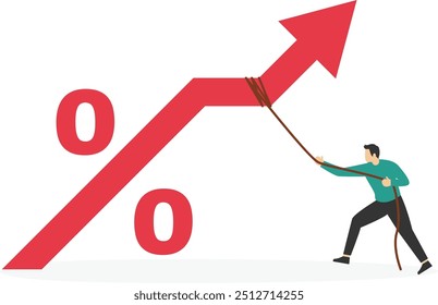 Empresário preso ao sinal de porcentagem. Aumento das taxas de juro. Ilustração de vetor plano

